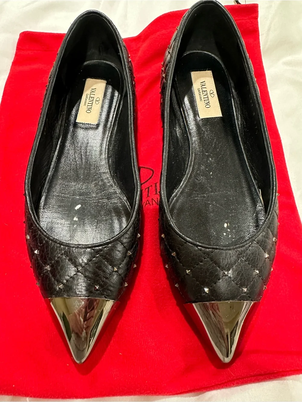 Valentino Garavani Black Quilted Flats with Silver Pointed Caps